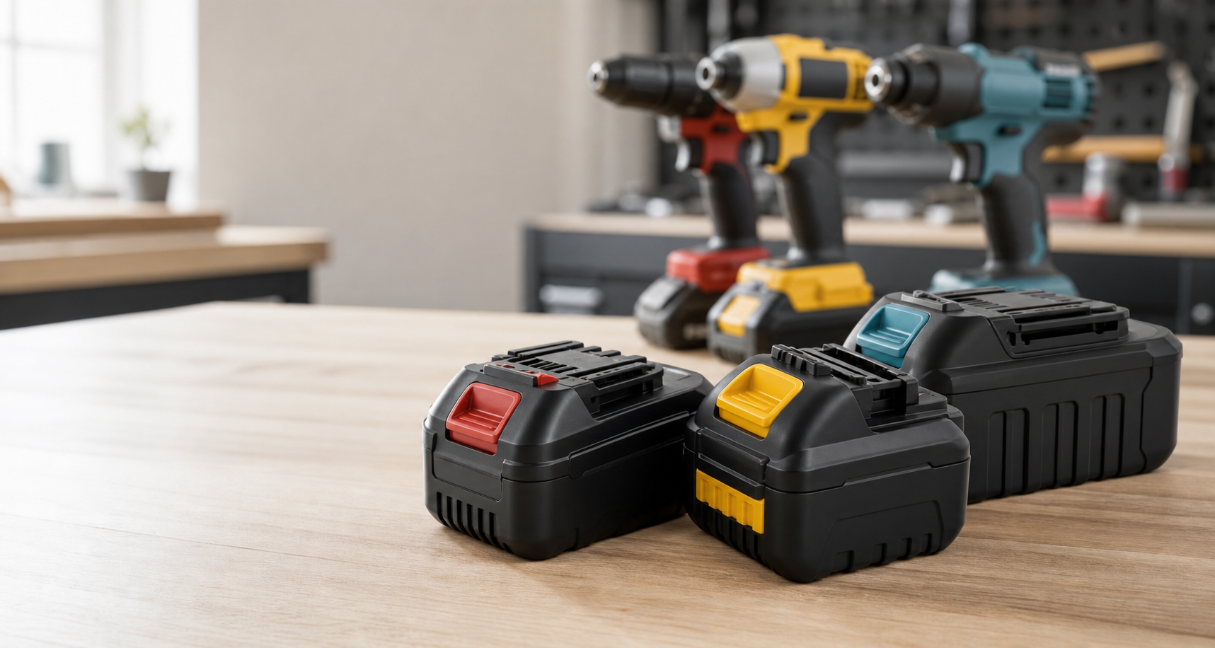 Generic cordless tool batteries on a workbench